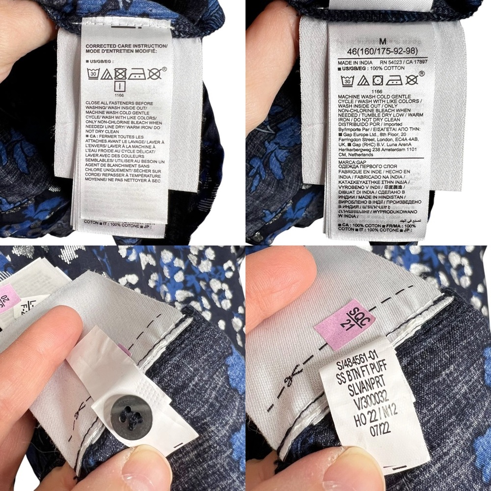 GAP Cotton Puff Sleeve Button Front Blouse Blue & Silver Size Medium - Picture 12 of 12